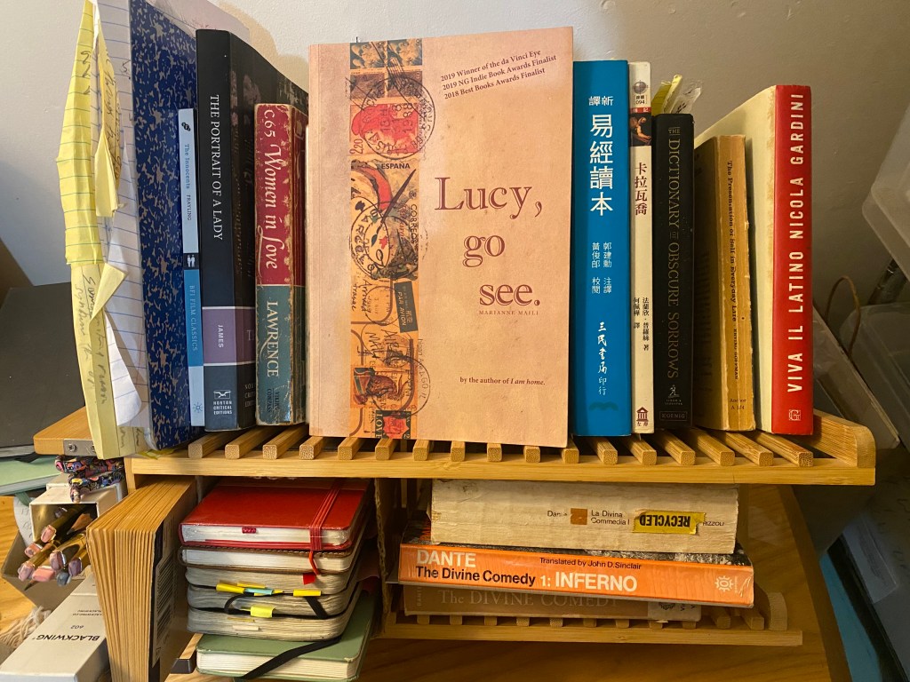 A wooden bookshelf filled with various books, including 'Lucy, go see' by Marcyne Mail, 'Women in Love' by D.H. Lawrence, and 'The Dictionary of Obscure Sorrows', among others. There are also notebooks and papers on the shelf.